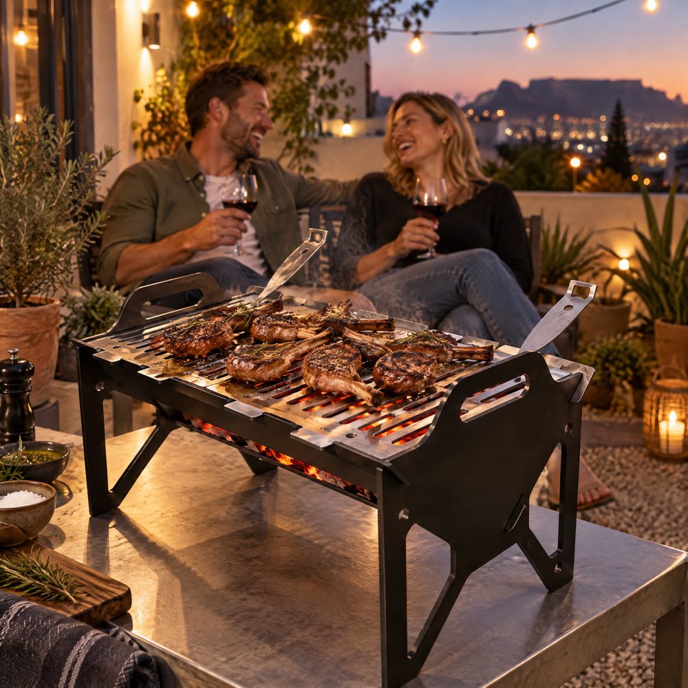 Couple braaiing on the Bos-Stoof on a small stoep