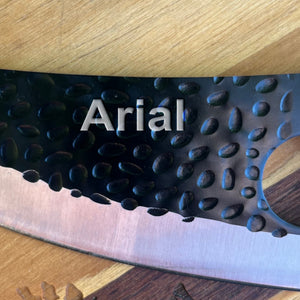 Arial font engraved on the blade