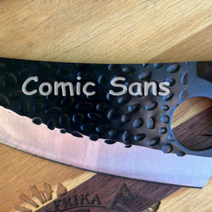 Comic Sans font engraved on the blade