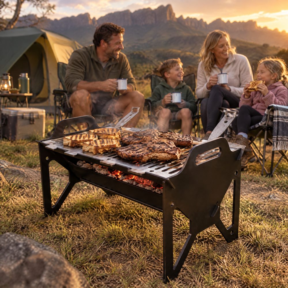 Family braaiing on the Bos-Stoof at a campsite
